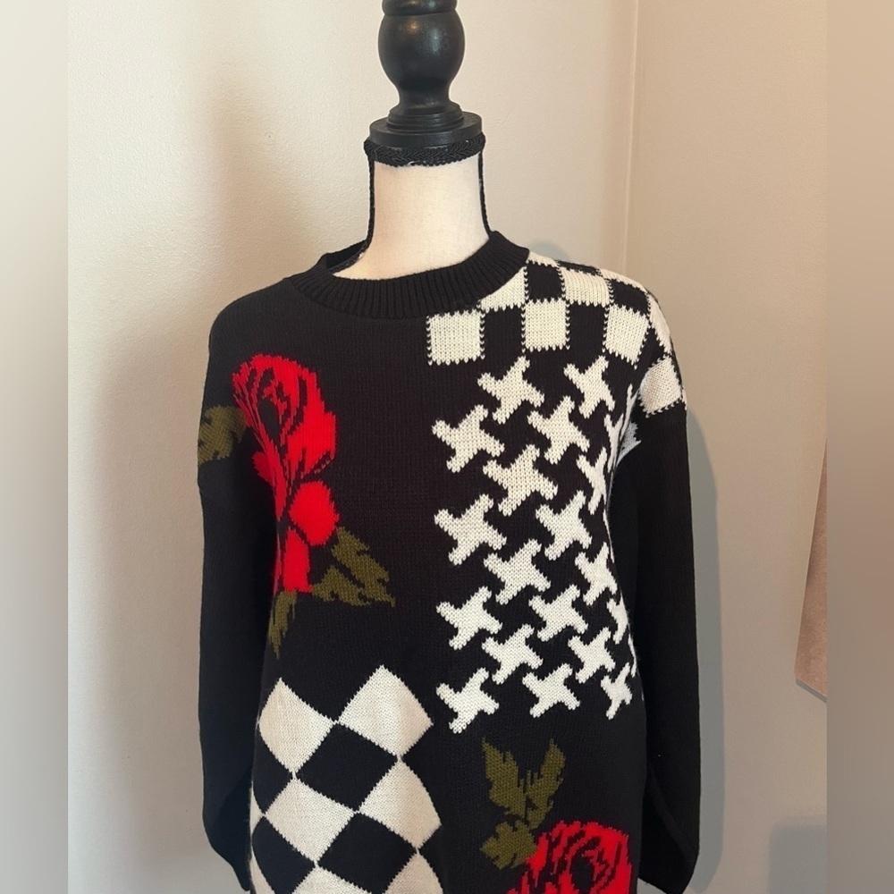 VINTAGE MARGO’S CHECKER ROSE JUMPER KNIT OVERSIZE SWEATER SIZE MEDIUM - Picture 3 of 8